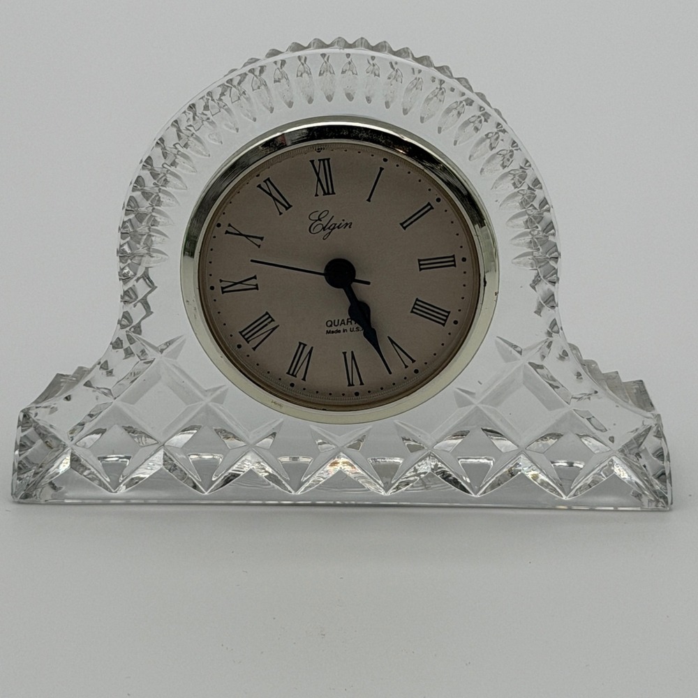 Elgin Quartz Mantle Clock Lead Crystal Arched Diamond Cut Roman Numerals USA